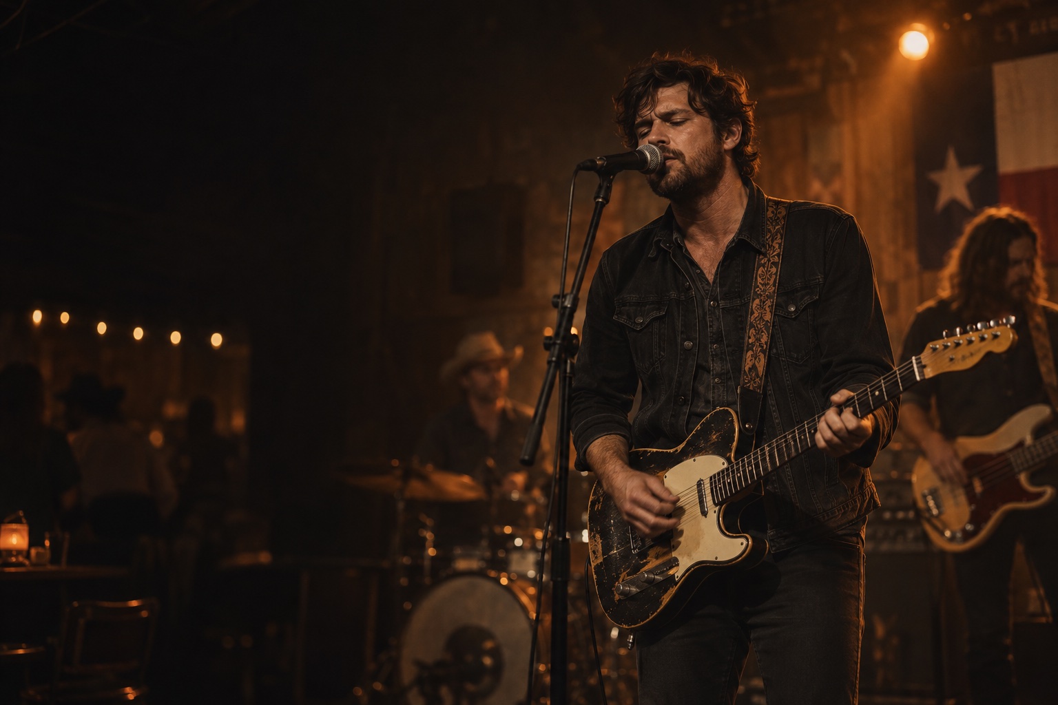 Fictional roots-rock artist performing under amber stage lights